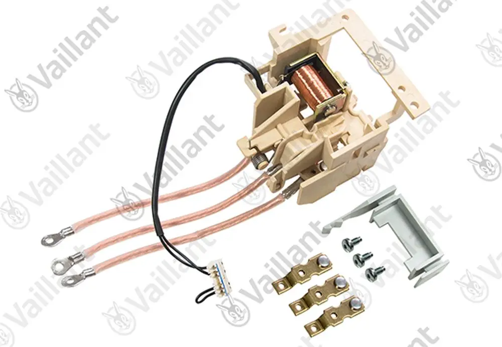 Vaillant Sicherheitsschalter mit mehreren Anschlusskabeln, einem Spulenelement und Befestigungsteilen, geeignet für elektronische Steuerungen.